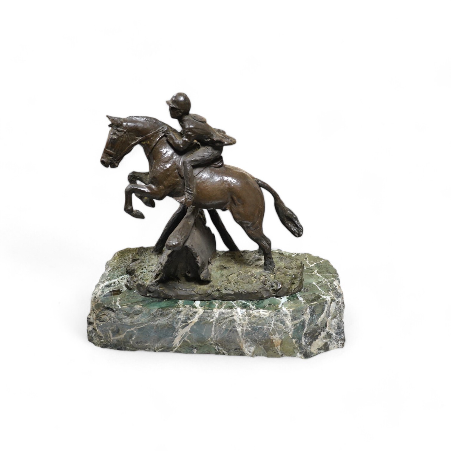 June Harrah (American), a bronze group of a racehorse and rider, on a naturalistic green marble base, 30cm high, with paperwork including provenance and exhibition leaflet. Condition - good